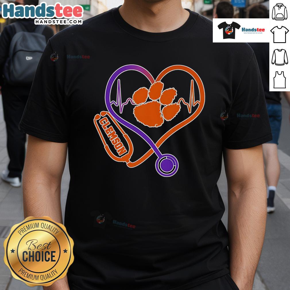 Nice Stethoscope Heart Clemson Tigers T Shirt Nice Stethoscope Heart Clemson Tigers T-Shirt showcasing a vibrant design for healthcare fans and Clemson supporters.
