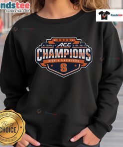 Alt Text: 2025 ACC Men's Lacrosse Conference Tournament Champions sweatshirt featuring Syracuse Orange logo and vibrant colors.