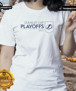 Ladies tee celebrating the Tampa Bay Lightning 2025 NHL Stanley Cup Playoffs Champions with vibrant team graphics.