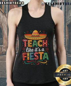 Teacher wearing a Cinco de Mayo tank top with a sombrero, celebrating a festive classroom vibe for a lively learning experience.