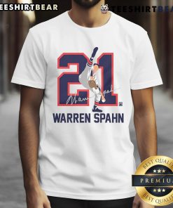 Alt Text: Nice Teambrown Warren Spahn Baseball Hall Of Fame member signature t-shirt displayed on a hanger.
