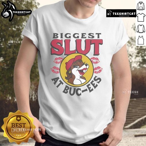 Funny 'Nice The Biggest Slut At Buc-Ee's The Gas Station' t-shirt design featuring bold text and colorful graphics.