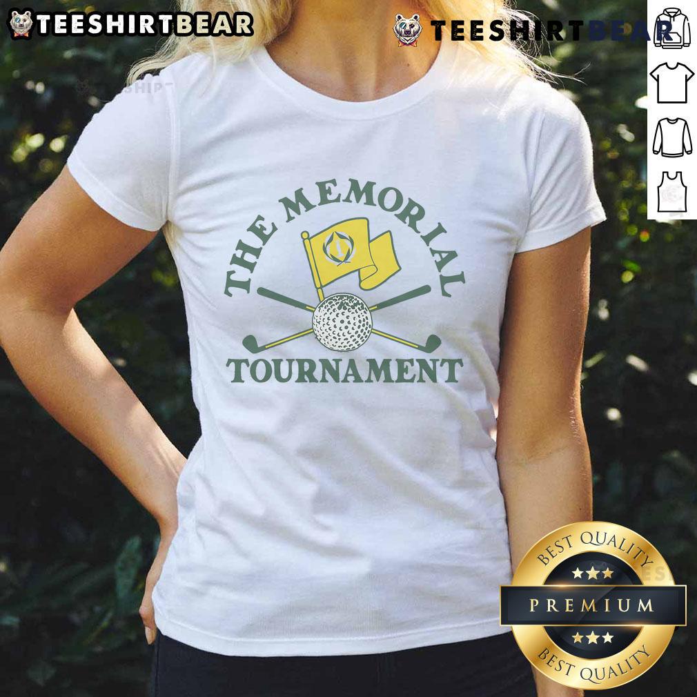 Nice The Memorial Tournament Pin Flag Ladies Tee Alt Text: Ladies tee at the Nice Memorial Tournament featuring a vibrant pin flag, showcasing the event's branding and spirit.