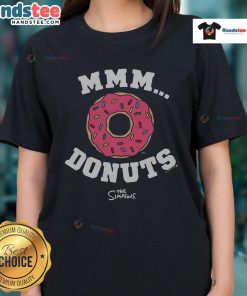 Alt Text: Nice The Simpsons Mmm Donuts Ladies Tee featuring Homer Simpson with a donut, perfect for fans of The Simpsons.