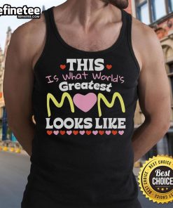 Mom wearing 'World's Greatest Mom' tank top, celebrating Mother's Day with a smile and joy.