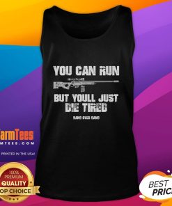 Alt Text: Tom Macdonald 'You Can Run But You'll Just Die Tired' tank top from Hang Over Gang collection, showcasing bold graphic design.