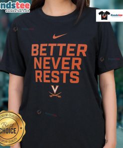 Alt Text: Nice Virginia Cavaliers Better Never Rests ladies tee in navy blue, perfect for fans showcasing team spirit.