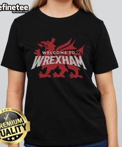 Nice Welcome to Wrexham logo on a ladies' tee, showcasing a stylish design perfect for fans and apparel collectors.