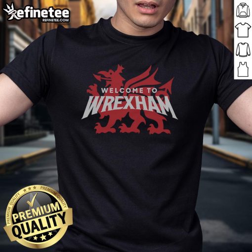 Nice Welcome To Wrexham logo t-shirt featuring vibrant design, perfect for fans of Wrexham and stylish casual wear.