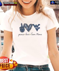 Alt Text: Nice West Virginia Mountaineers Peace Love Ladies Tee featuring a stylish design for fans and casual wear.