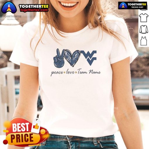 Alt Text: Nice West Virginia Mountaineers Peace Love Ladies Tee featuring a stylish design for fans and casual wear.