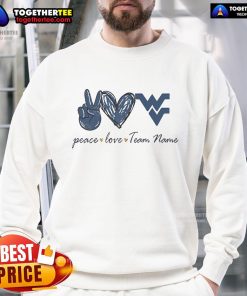 Alt Text: Cozy Nice West Virginia Mountaineers Peace Love Sweatshirt featuring team colors and logo, perfect for fans.
