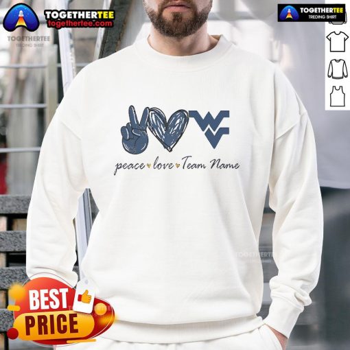 Alt Text: Cozy Nice West Virginia Mountaineers Peace Love Sweatshirt featuring team colors and logo, perfect for fans.