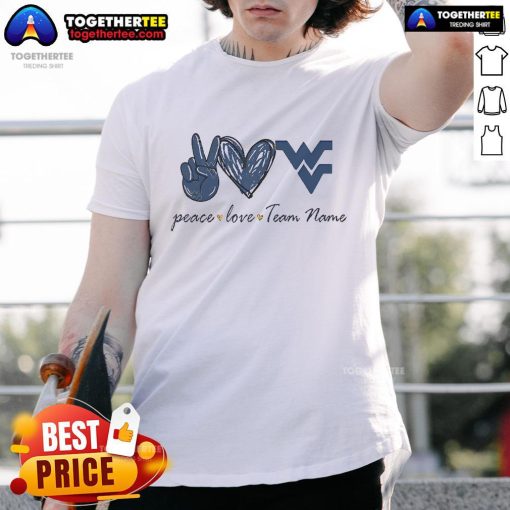 Alt Text: Nice West Virginia Mountaineers Peace Love T-Shirt featuring vibrant graphics and a comfortable fit for fans.