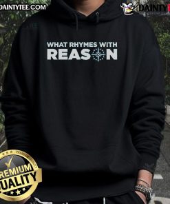 Nice What Rhymes With Reason logo hoodie featuring a stylish design, perfect for casual wear and expressing creativity.