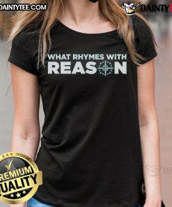 Alt Text: Nice What Rhymes With Reason Logo on a stylish ladies tee, perfect for casual wear and unique fashion statements.