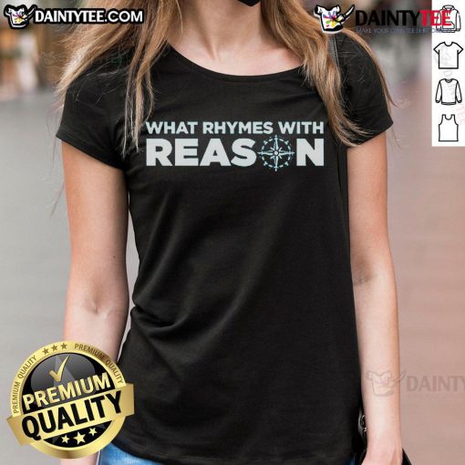 Alt Text: Nice What Rhymes With Reason Logo on a stylish ladies tee, perfect for casual wear and unique fashion statements.