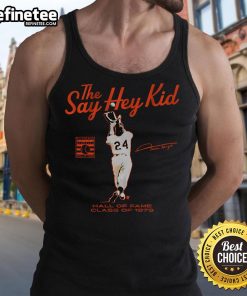 Willie Mays 'Say Hey Kid' Hall of Fame Class of 1979 tank top featuring vintage baseball design and vibrant colors.
