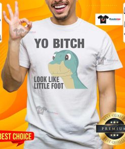 Funny 'Nice Yo Bitch Look Like Little Foot' T-Shirt design featuring a cartoon dinosaur, perfect for humor lovers.