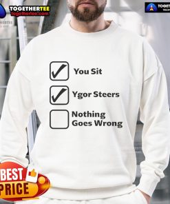 Cozy 'Nice You Sit Ygor Steers Nothing Goes Wrong' sweatshirt in a casual setting, perfect for stylish comfort.