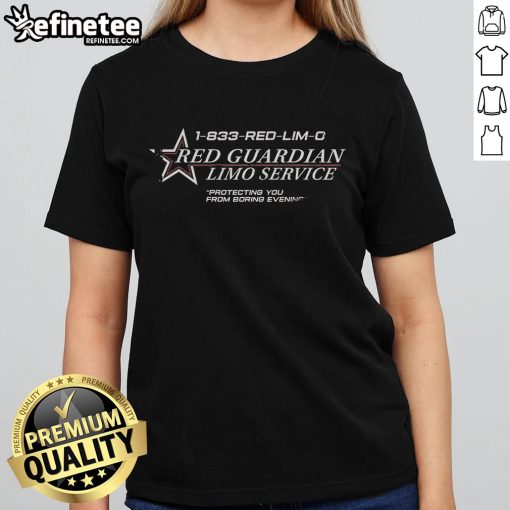 Official 1-833-Red-Lim D Red Guardian Limo Service logo on a stylish ladies tee, ensuring a fun evening experience.
