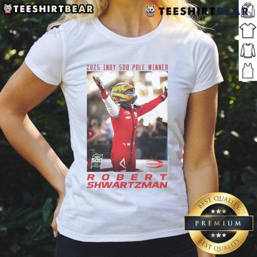 Official 2025 Indy 500 Pole Winner Robert Shwartzman wearing a stylish ladies tee, showcasing race day excitement.