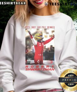 Robert Shwartzman wearing the official 2025 Indy 500 pole winner sweatshirt, showcasing racing pride and style.