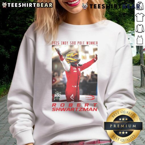 Robert Shwartzman wearing the official 2025 Indy 500 pole winner sweatshirt, showcasing racing pride and style.