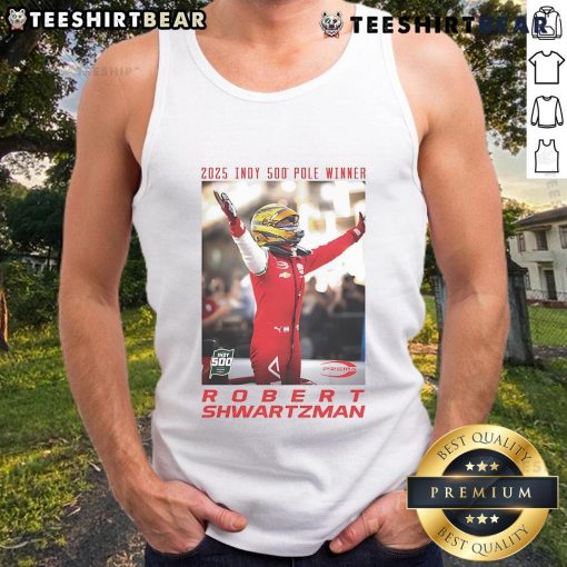 Official 2025 Indy 500 Pole Winner Robert Shwartzman wearing a tank top, celebrating his victory at the iconic race.