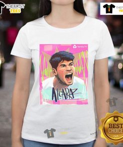 Alt Text: Carlos Alcaraz celebrates as the 2025 Italian Open ATP Masters 1000 Champion, wearing a stylish ladies tee.