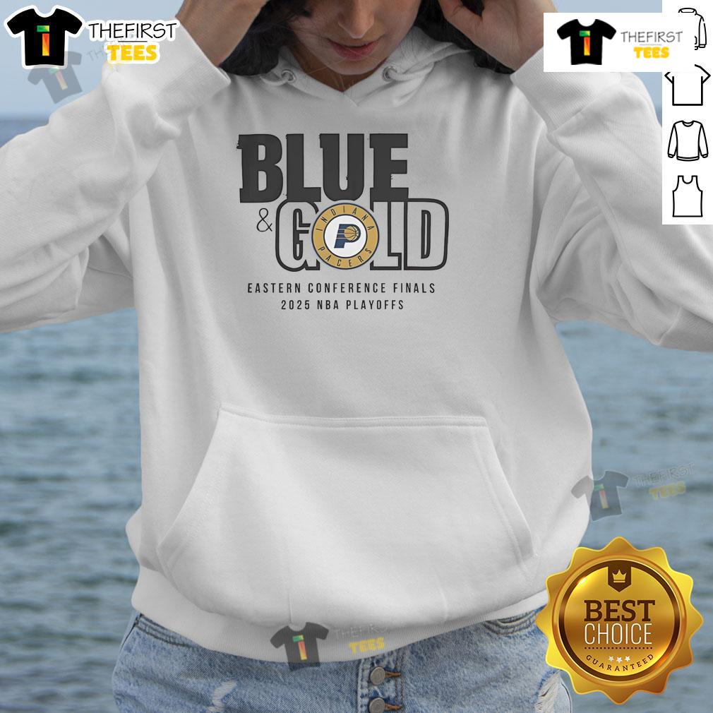 Official 2025 Nba Eastern Conference Finals Indiana Pacers Blue & Gold Hoodie Alt Text: Official 2025 NBA Eastern Conference Finals Indiana Pacers blue and gold hoodie showcasing team pride and style.