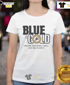Official 2025 NBA Eastern Conference Finals Indiana Pacers blue and gold ladies tee showcasing team spirit and style.