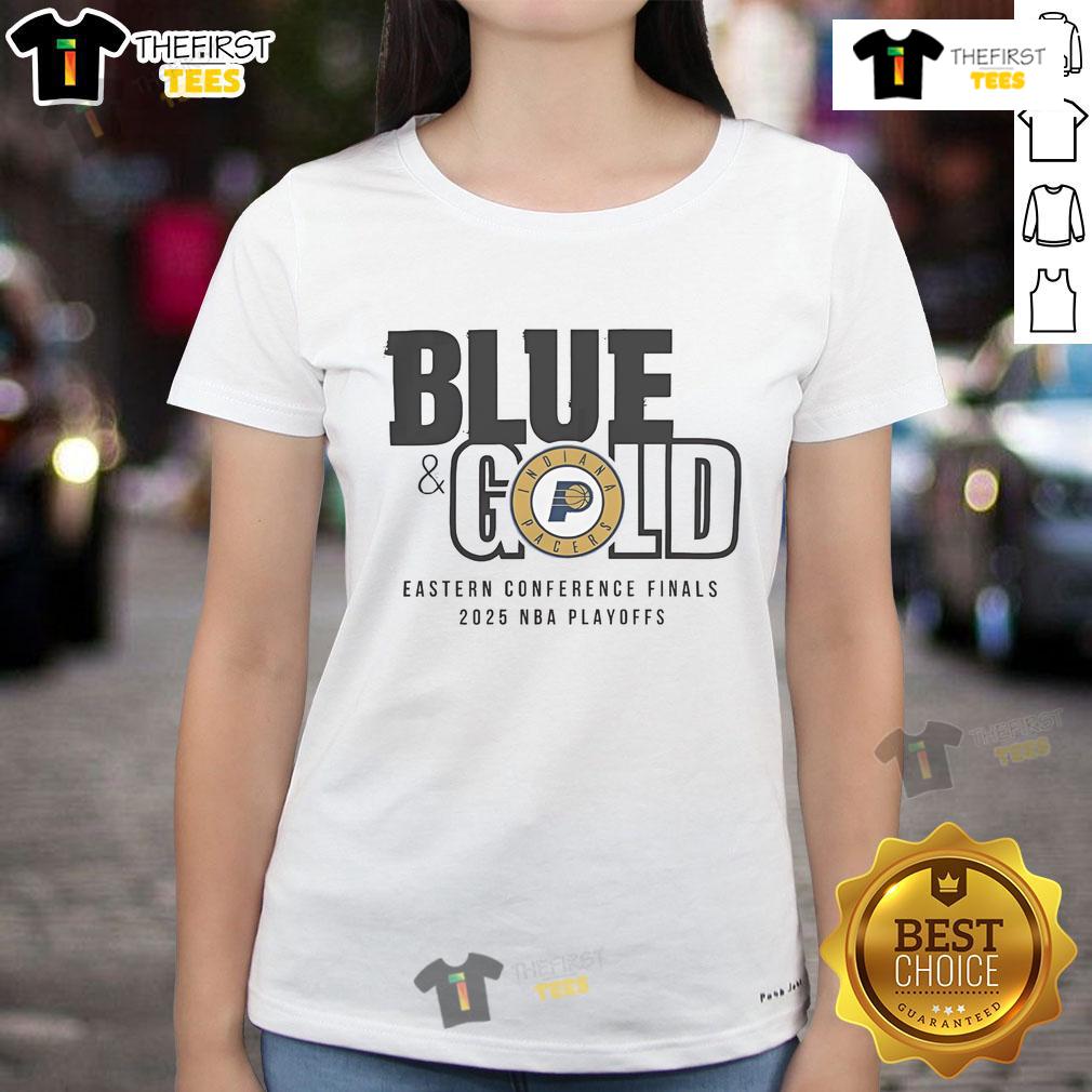 Official 2025 NBA Eastern Conference Finals Indiana Pacers Blue & Gold Ladies-Tee Official 2025 NBA Eastern Conference Finals Indiana Pacers blue and gold ladies tee showcasing team spirit and style.