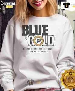 Official 2025 NBA Eastern Conference Finals Indiana Pacers blue and gold sweatshirt for fans and collectors.