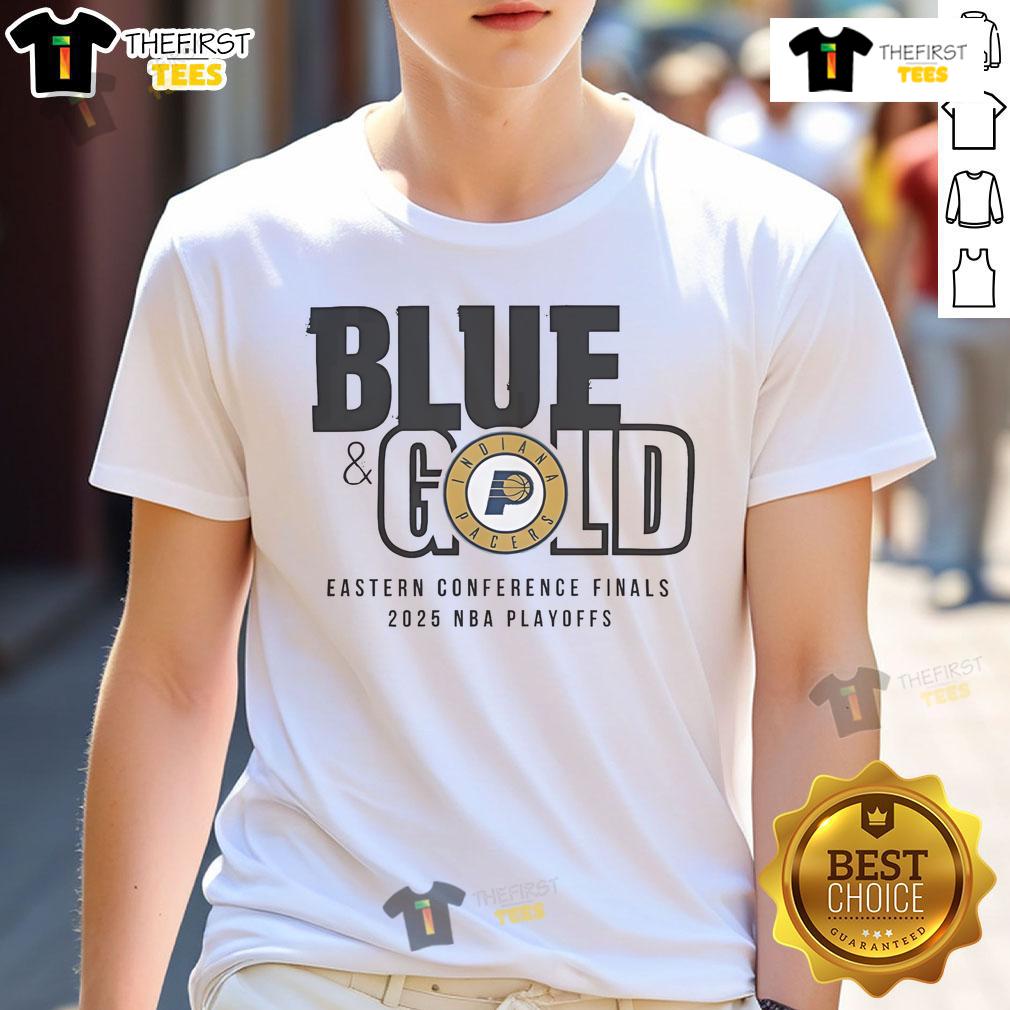 Official 2025 Nba Eastern Conference Finals Indiana Pacers Blue & Gold T Shirt Alt Text: Official 2025 NBA Eastern Conference Finals Indiana Pacers blue and gold t-shirt featuring team logo and vibrant design.