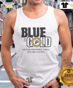 Alt Text: 2025 NBA Eastern Conference Finals Indiana Pacers blue and gold tank top featuring team logo and design.