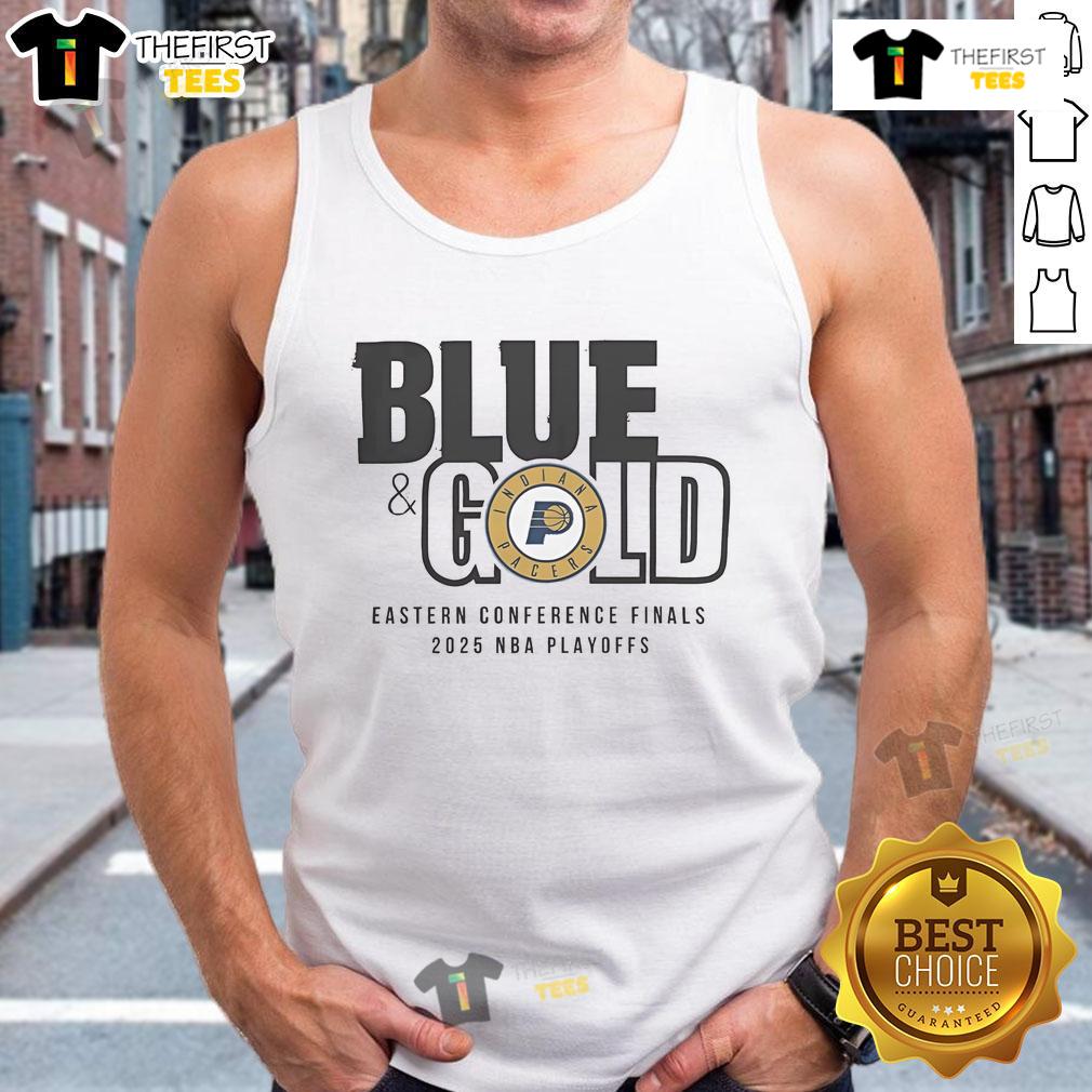 Official 2025 Nba Eastern Conference Finals Indiana Pacers Blue & Gold Tank Top Alt Text: 2025 NBA Eastern Conference Finals Indiana Pacers blue and gold tank top featuring team logo and design.