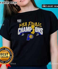 Alt Text: Official 2025 NBA Finals Champions Indiana Pacers ladies tee featuring bold team logo and stylish design.