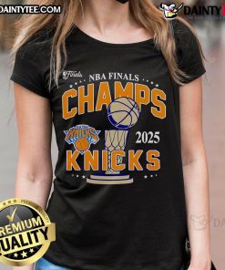 Alt Text: Official 2025 NBA Finals New York Knicks Championship ladies tee featuring vibrant team colors and logo.