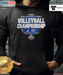 Alt Text: 2025 NCAA DIII Men's Volleyball Championship hoodie featuring logos of the four competing teams.