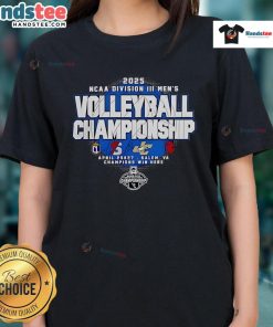 Alt Text: Official 2025 NCAA DIII Men's Volleyball Championship t-shirt featuring four team logos in vibrant colors.