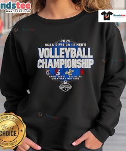 Alt Text: Official 2025 NCAA DIII Men's Volleyball Championship sweatshirt featuring team logos and event graphics.