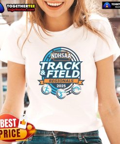 Alt Text: Official 2025 NDHSAA Class B Southwest Region Track & Field logo on a ladies tee shirt design.