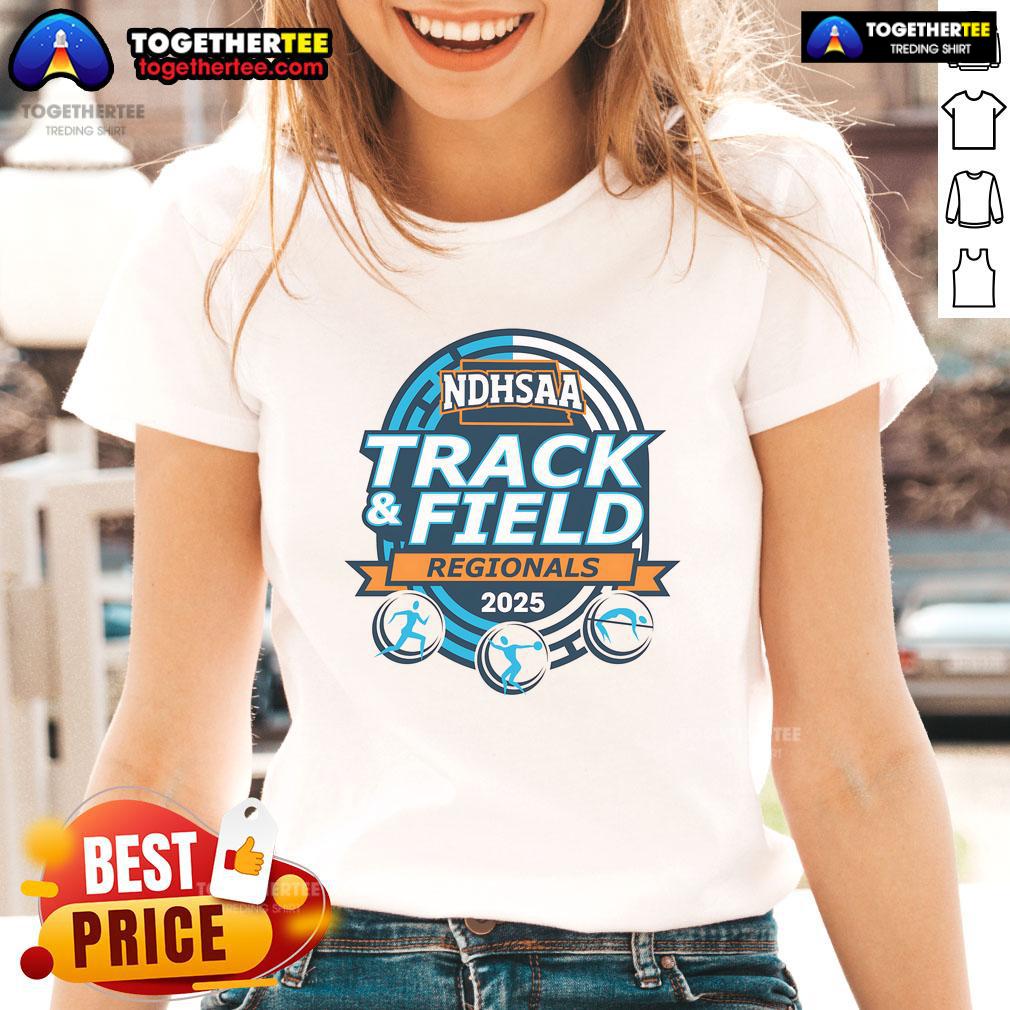Official 2025 Ndhsaa Class B Southwest Region Track & Field Logo Ladies Tee Alt Text: Official 2025 NDHSAA Class B Southwest Region Track & Field logo on a ladies tee shirt design.
