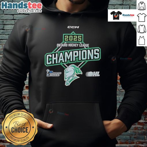 Official 2025 OHL Ontario Hockey League Championship hoodie featuring team logo and championship design.