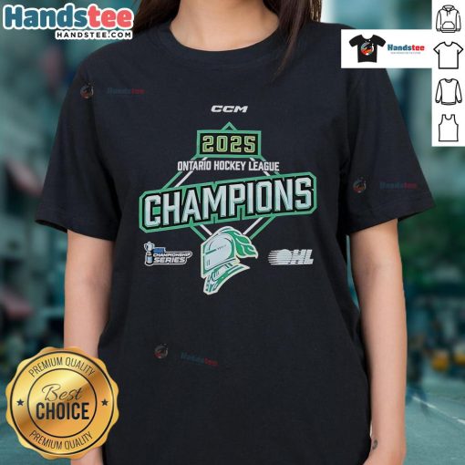 Alt Text: 2025 OHL Ontario Hockey League Championship ladies tee featuring team logo and stylish design for fans.