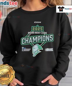 Official 2025 OHL Ontario Hockey League Championship Sweatshirt in navy blue with logo, perfect for fans and players.