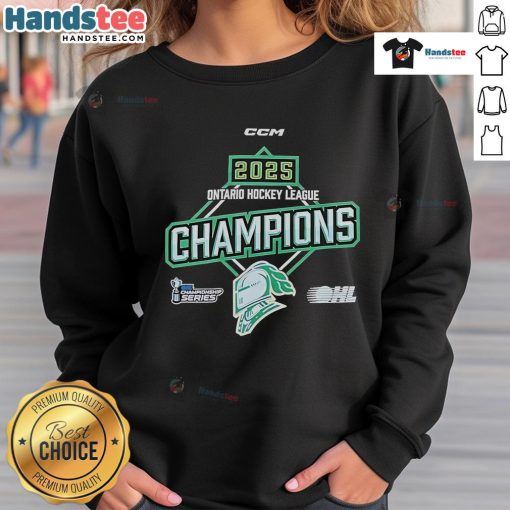 Official 2025 OHL Ontario Hockey League Championship Sweatshirt in navy blue with logo, perfect for fans and players.