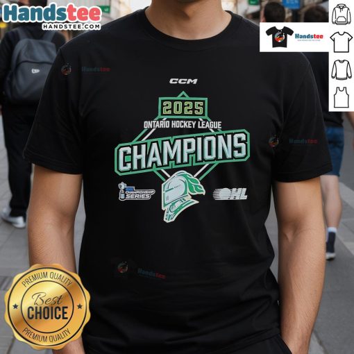 Official 2025 OHL Ontario Hockey League Championship T-Shirt featuring team logos and vibrant design for fans.