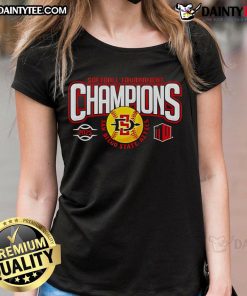 2025 SDSU Softball Mountain West Tournament Champions Ladies Tee featuring team logo and championship design.
